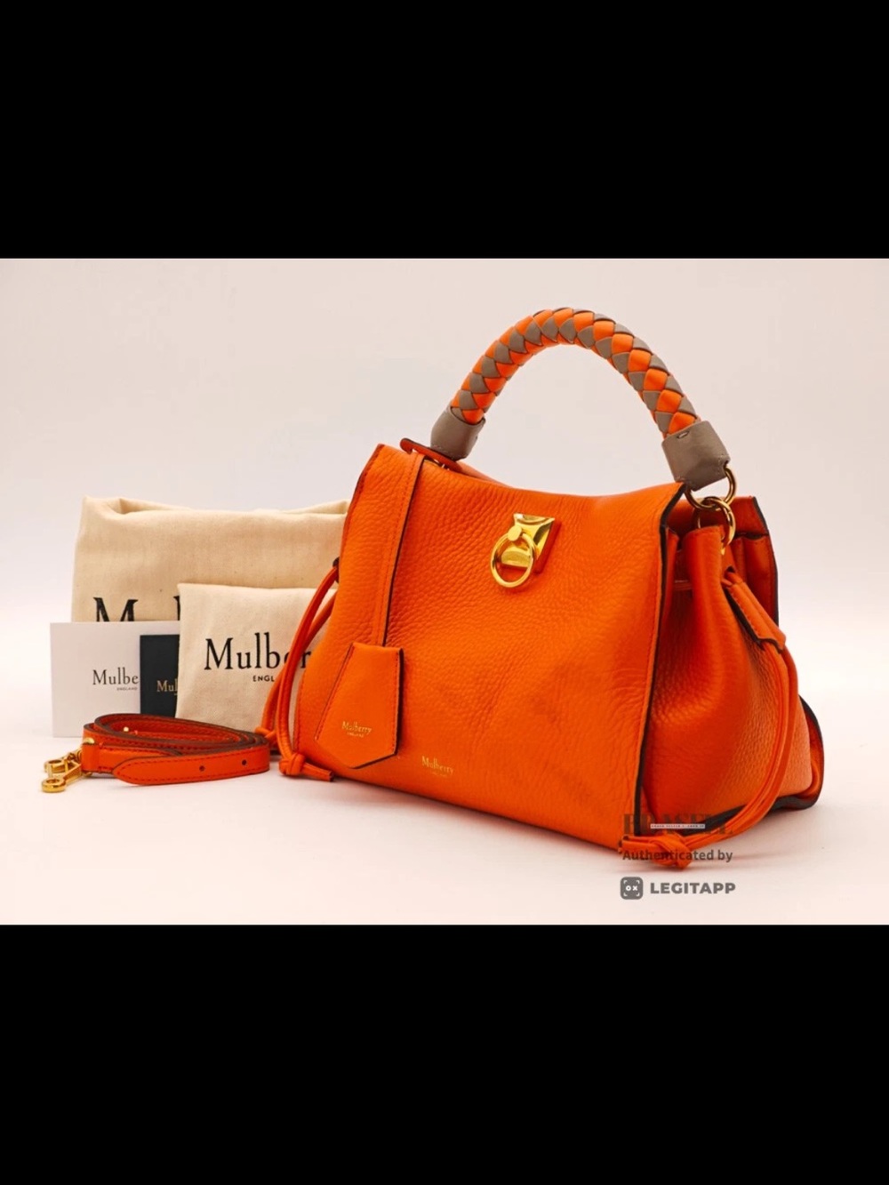 Mulberry Orange Braided-Handle Satchel with Gold Hardware